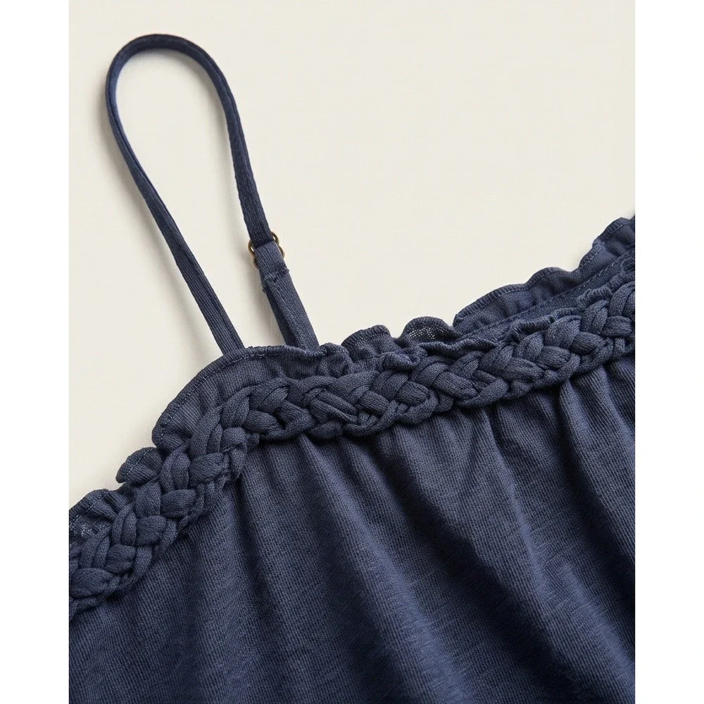 J. Crew L Braided Strap Cami Top Navy Blue Cotton Slub Ruffle Tank‎ Large NWT